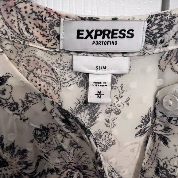 Express Portofino Shirt. Size Medium - Off White Sheer Button Floral Slim Fit - Picture 5 of 8